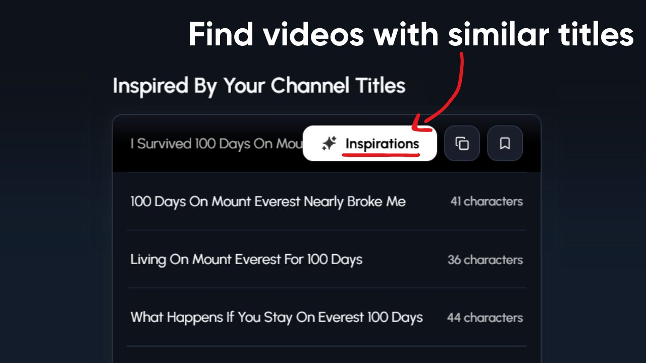 A dark-themed interface for a "Title Generator." At the top, it indicates "@mrbeast" as the channel being analyzed. Below is the input field containing "I went to mount everest and spent 100 days there," and a "Generate" button with a cursor hovering over it. The results are divided into two sections: "Inspired By Your Channel Titles" on the left and "Inspired By Top Outliers" on the right. Under "Inspired By Your Channel Titles" are several examples of potential titles in MrBeast's style, such as "I Survived 100 Days On Mount Everest," "100 Days On Mount Everest Nearly Broke Me," "Living On Mount Everest For 100 Days," "What Happens If You Stay On Everest 100 Days," "No One Should Spend 100 Days On Everest," and "I Tried Surviving 100 Days At The Top Of The World," each accompanied by its character count. Under "Inspired By Top Outliers" are generated title suggestions inspired by high-performing videos outside of MrBeast's channel, such as "I Survived 100 Days on Mount Everest," "100 Days Alone on Mount Everest Changed Me," "Nobody Survives This Long on Everest, Until Now," "what 100 days on mount everest does to your body," "Living on Mount Everest for 100 Days (was it worth it?)," and "I Moved to Mount Everest for 100 Days," also with their character counts. The tool provides a range of title options, drawing inspiration from both the specific channel's past successes and broader viral trends.