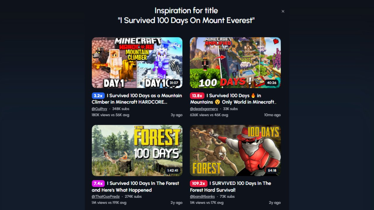 A dark-themed interface displaying YouTube video thumbnails that have titles similar to "I Survived 100 Days On Mount Everest," which is written at the top as "Inspiration for title." The thumbnails showcase various survival or challenge-based content, primarily within the game Minecraft, but also including a real-life survival scenario in a forest. Examples of titles include "I Survived 100 Days as a Mountain Climber in Minecraft HARDCORE...," "I Survived 100 Days in Mountains Only World in Minecraft...," "I Survived 100 Days In The Forest And Here's What Happened," and "I SURVIVED 100 DAYS In The Forest Hard Survival!" Each thumbnail also displays view counts, subscriber counts of the channels, and the time since upload. The interface serves as a source of inspiration by showing existing popular videos with related themes and titles.