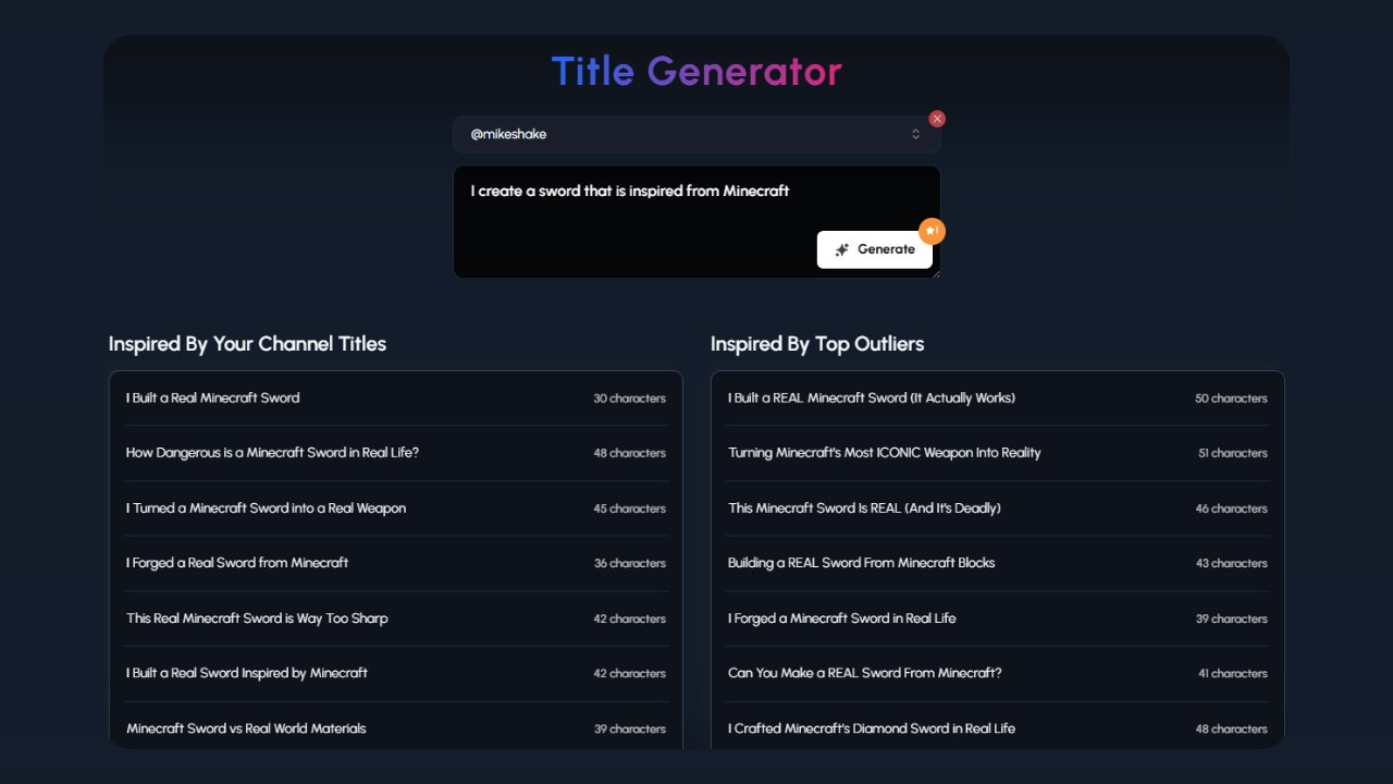 A dark-themed interface for a "Title Generator." At the top left, it indicates "@mikeshake" as the channel being analyzed. Below this is a text input field where the user has typed "I create a sword that is inspired from Minecraft." To the right is a "Generate" button with a cursor hovering over it. Below, the results are divided into "Inspired By Your Channel Titles" on the left and "Inspired By Top Outliers" on the right. Under "Inspired By Your Channel Titles" are examples like "I Built a Real Minecraft Sword," "How Dangerous is a Minecraft Sword in Real Life?," "I Turned a Minecraft Sword into a Real Weapon," and others, along with their character counts. Under "Inspired By Top Outliers" are generated title suggestions such as "I Built a REAL Minecraft Sword (It Actually Works)," "Turning Minecraft's Most ICONIC Weapon Into Reality," "The Minecraft Sword is REAL (And It's Deadly)," "Building a REAL Sword From Minecraft Blocks," "I Forged a Minecraft Sword in Real Life," "Can You Make a REAL Sword From Minecraft?," and "I Crafted Minecraft's Diamond Sword in Real Life," also with character counts. The tool provides title options drawing from the specified channel's past titles and popular titles from other channels related to bringing Minecraft items into the real world.