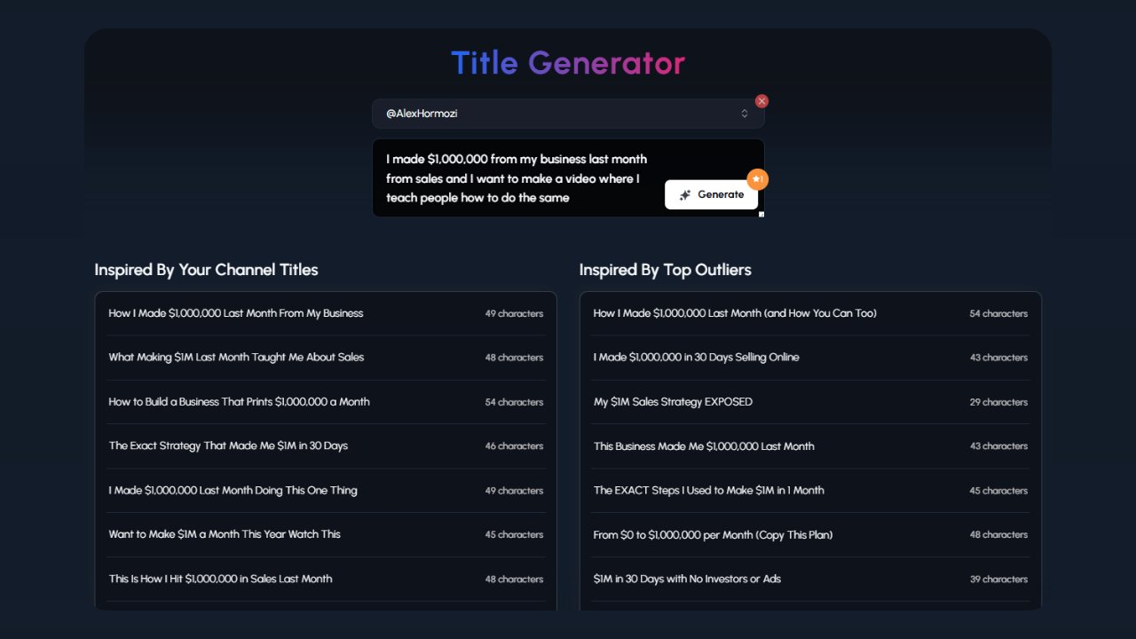 A dark-themed interface for a "Title Generator." At the top left, it indicates "@AlexHormozi" as the channel being analyzed. Below this is a text input field where the user has typed "I made $1,000,000 from my business last month from sales and I want to make a video where I teach people how to do the same." To the right is a "Generate" button with a cursor hovering over it. Below, the results are divided into "Inspired By Your Channel Titles" on the left and "Inspired By Top Outliers" on the right. Under "Inspired By Your Channel Titles" are examples like "How I Made $1,000,000 Last Month From My Business," "What Making $1M Last Month Taught Me About Sales," "How to Build a Business That Prints $1,000,000 a Month," and others, along with their character counts. Under "Inspired By Top Outliers" are generated title suggestions such as "How I Made $1,000,000 Last Month (and How You Can Too)," "I Made $1,000,000 in 30 Days Selling Online," "My $1M Sales Strategy EXPOSED," "This Business Made Me $1,000,000 Last Month," "The EXACT Steps I Used to Make $1M in 1 Month," "From $0 to $1,000,000 per Month (Copy This Plan)," and "$1M in 30 Days with No Investors or Ads," also with character counts. The tool provides title options drawing from the specified channel's past titles and popular titles from other channels related to achieving significant financial success through sales.
